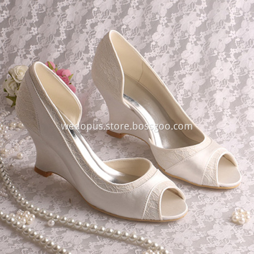 Peep Toe Lace and Satin Wedge Wedding Heels